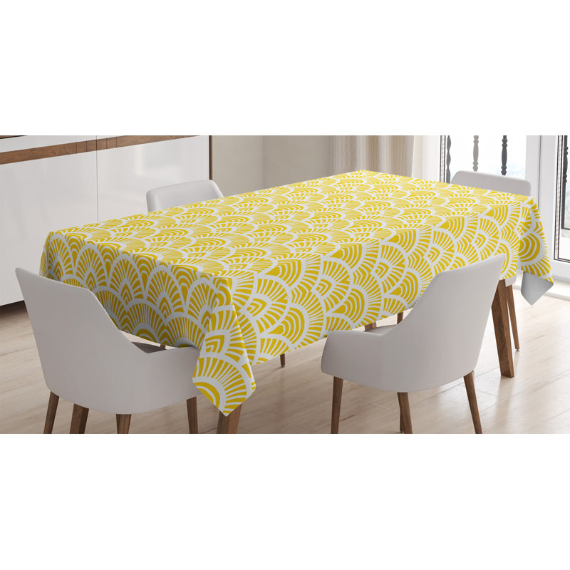 Yellow Tablecloth, Vintage Hand Drawn Style Shaded Oriental Patterns Geometric Lines Motifs, Rectangular Table Cover For Dining Room Kitchen Decor, 52" X 70", Cream Yellow