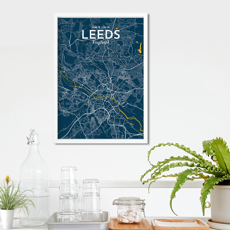 Carte de la ville de Leeds, impression, H 27,6 po x l 19,7 po, Bleu / Jaune