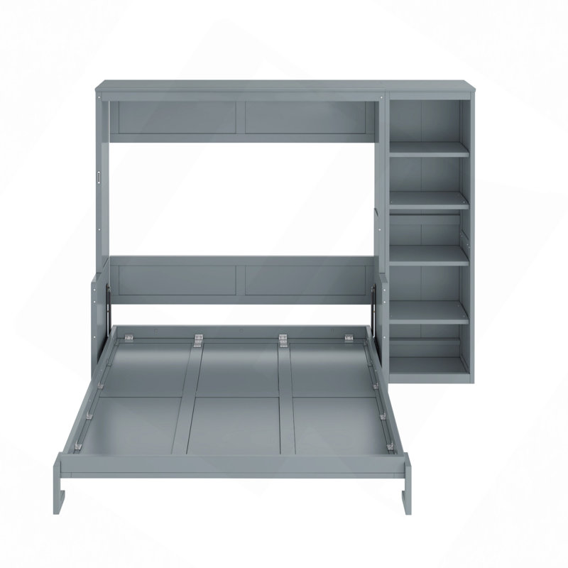 Lit escamotable double avec bureau et bibliothèque, Gris, Lit double