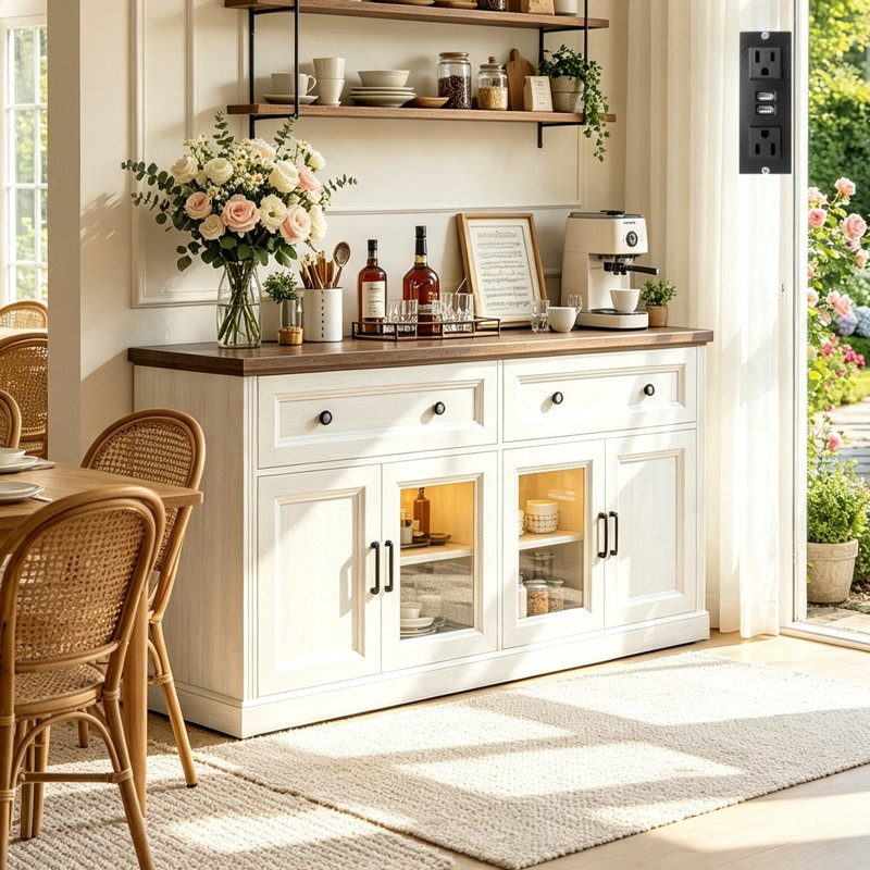 63"W Large Rustic Wood Sideboard Buffet Cabinet With2 Large Drawers & Transparent Doors, Farmhouse 4 Doors Kitchen Storage Cabinet With Charging Station And LED Light, TV Stand With Adjustable Shelves
