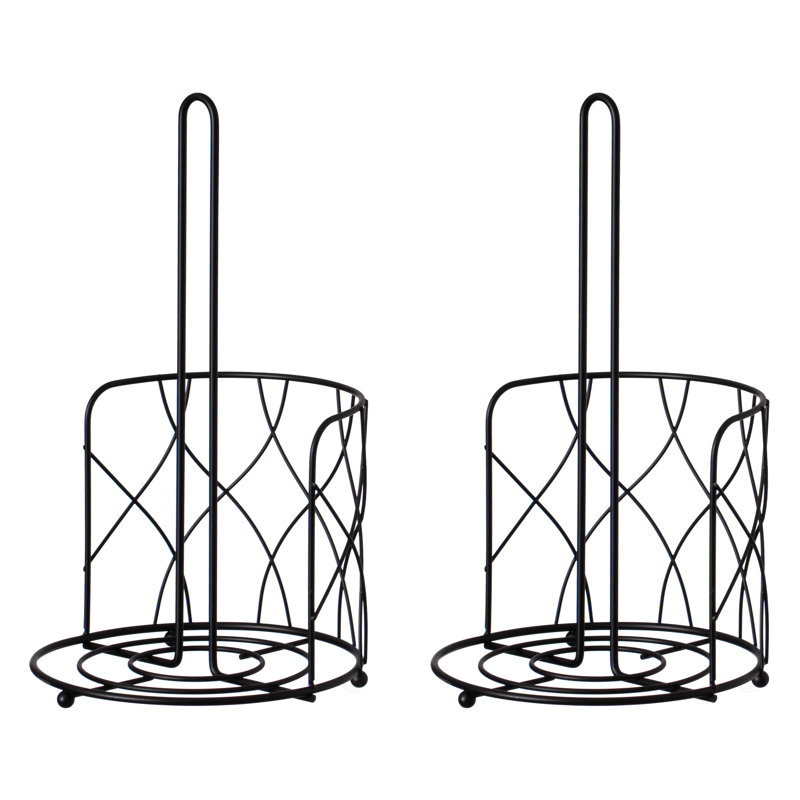 Basicwise Paper Towel Holder Countertop Set of 2 - Black Iron Stand with Weighted Non-Slip Base, One-Handed Tear, Raised Base Keeps Towels Dry, Modern Kitchen or Bathroom Dispenser