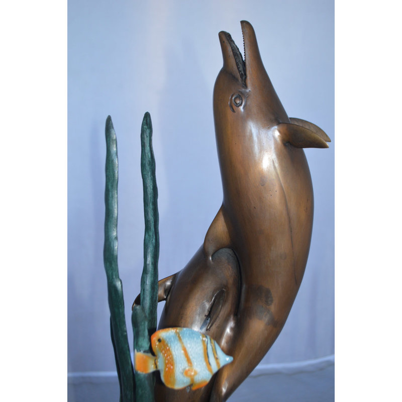 Valleystone Two dolphins with fish, table top bronze statue. -  Size: 8"L x 8"W x 22"H.