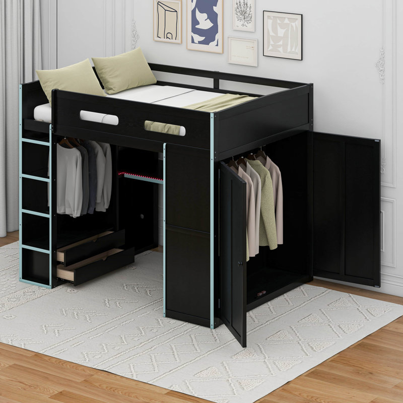 Full Size Wood Gaming Loft Bed With Built-In Desk, RGB LED Lighting, USB Port, Wardrobe & Storage, Cloud Blue