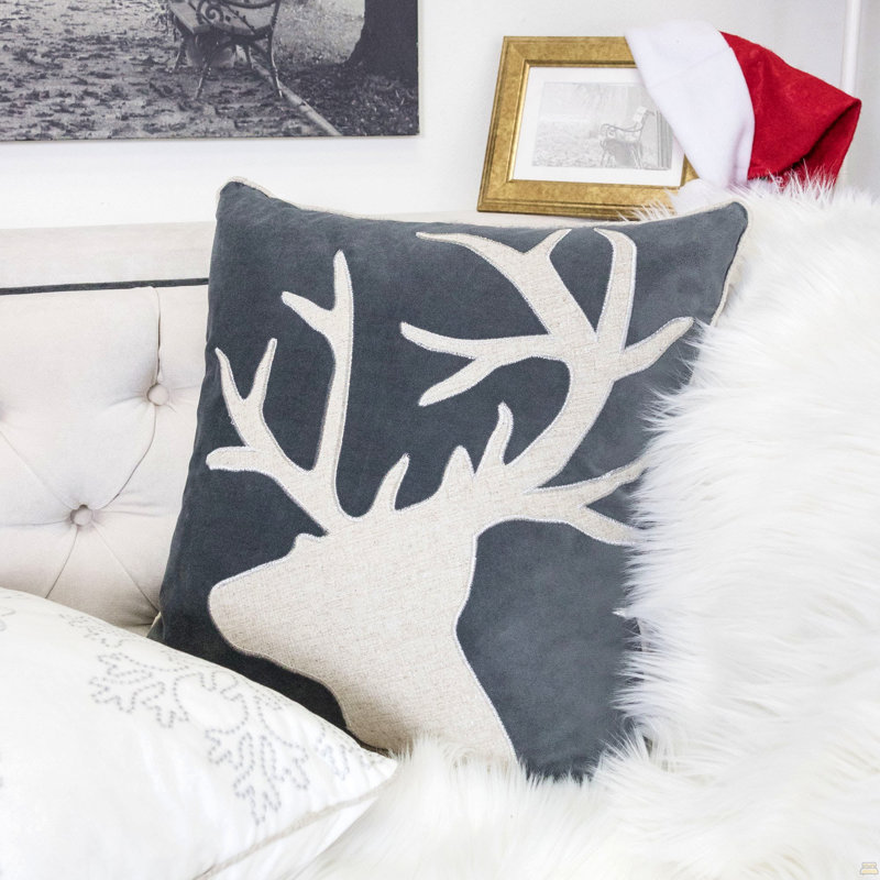 Coussin décoratif en velours Holiday Reindeer, Simple, Gris