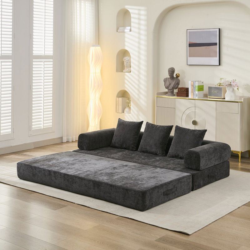 Canapé-lit convertible polyvalent, plancher en chenille noir pour la chambre à coucher, conception modulaire personnalisable, éponge de haute qualité, conception compacte à 3 niveaux, sans assemblage, housse de matelas pliable et antidérapante