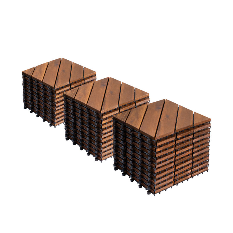 27 carreaux de terrasse en bois d'acacia emboîtables brun à motif diagonal