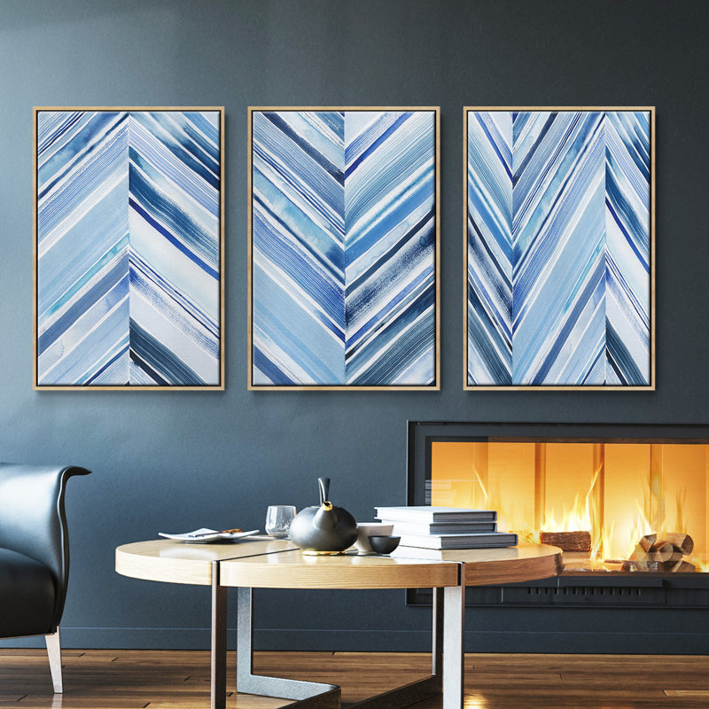 «Wave Crêtes I», ensemble de 3 reproductions encadrées sur toile, Bois naturel, H 27 po x l 54 po