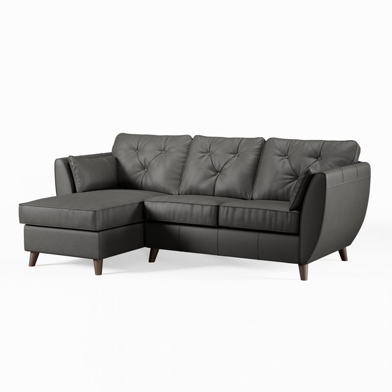Hoxton 3 Seater Leather Maxi Sofa Chaise, Left Hand Facing, Raven, Dark Wood