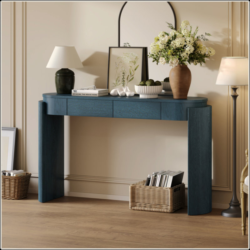 Table d'entrée avec finition grain de bois naturel, console avec conception cannelée, plateau ovale et 2 tiroirs pour l'entrée et le salon