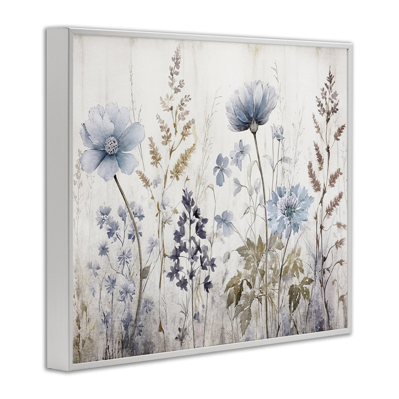 «Blue Nature Blossoms», estampe numérique par Sasha, Cadre blanc, H 16 po x l 20 po