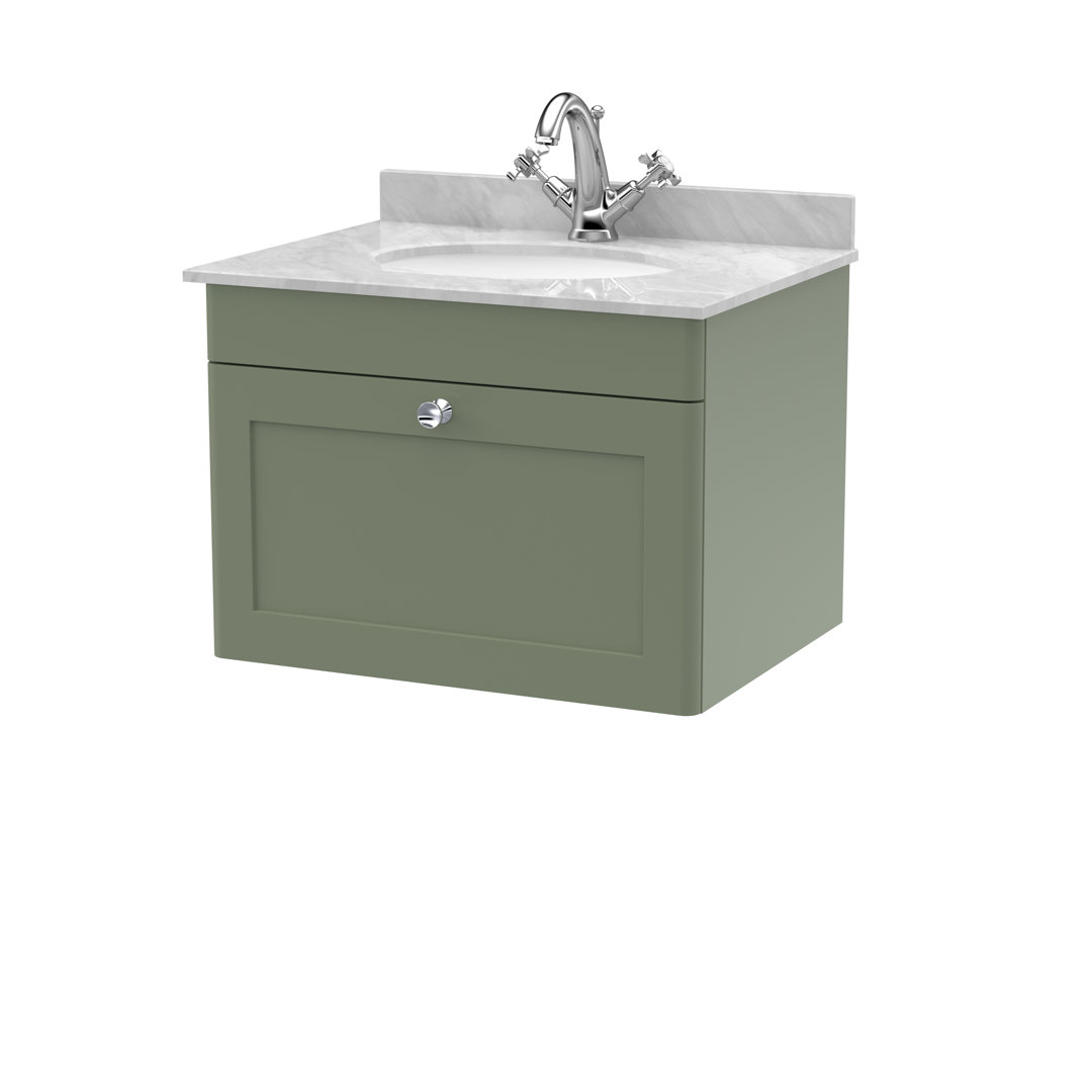 B&Q - Classique Wall Hung 1 Drawer Vanity Unit & 1 Tap Hole Grey Marble Top With Oval BasinStylish Sink Vanity Unit In Satin - Image 2