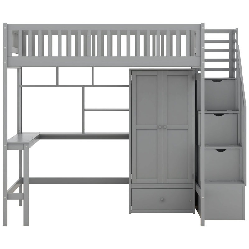 Lit mezzanine double avec tiroirs Jarlegav Kids, Gris