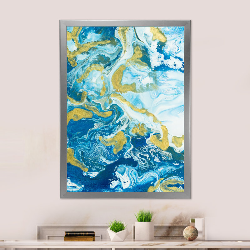 Marbre classique bleu et or, H 36 po x l 24 po, Toile argentée avec cadre photo