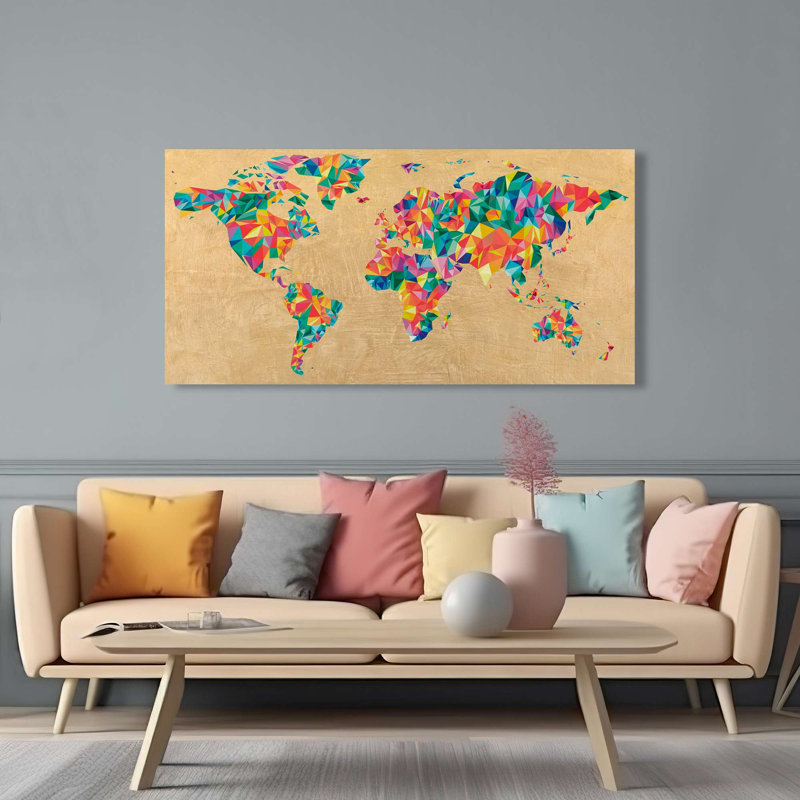 Multicolor World Map (golden) 1 Piece Wrapped Canvas Wall Art, 35cm H x 70cm W