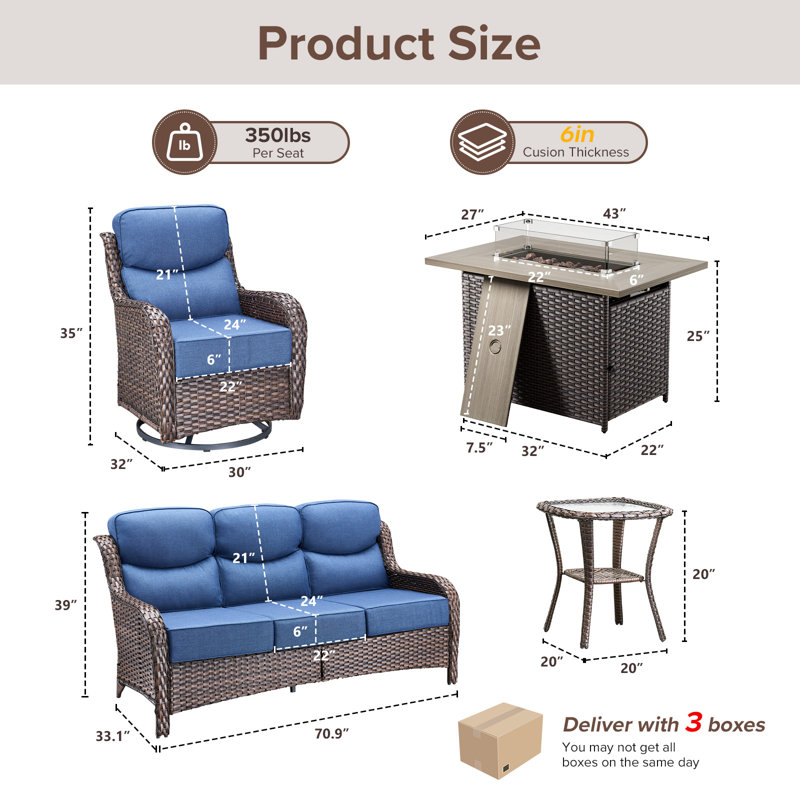 5 - Person Luxury Wicker Patio Furniture Set With Fire Pit Table & 6-Inch Extra-Thick Cushion Swivel Chairs, Side Table, Blue