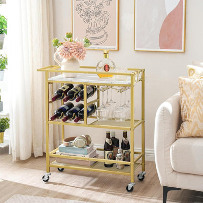 3-Tier Gold And White Bar Cart With Wheels & Handle, Beverage Cart With Wine Rack & Glass Holders For Home Kitchen Dining Room by 17 Stories
