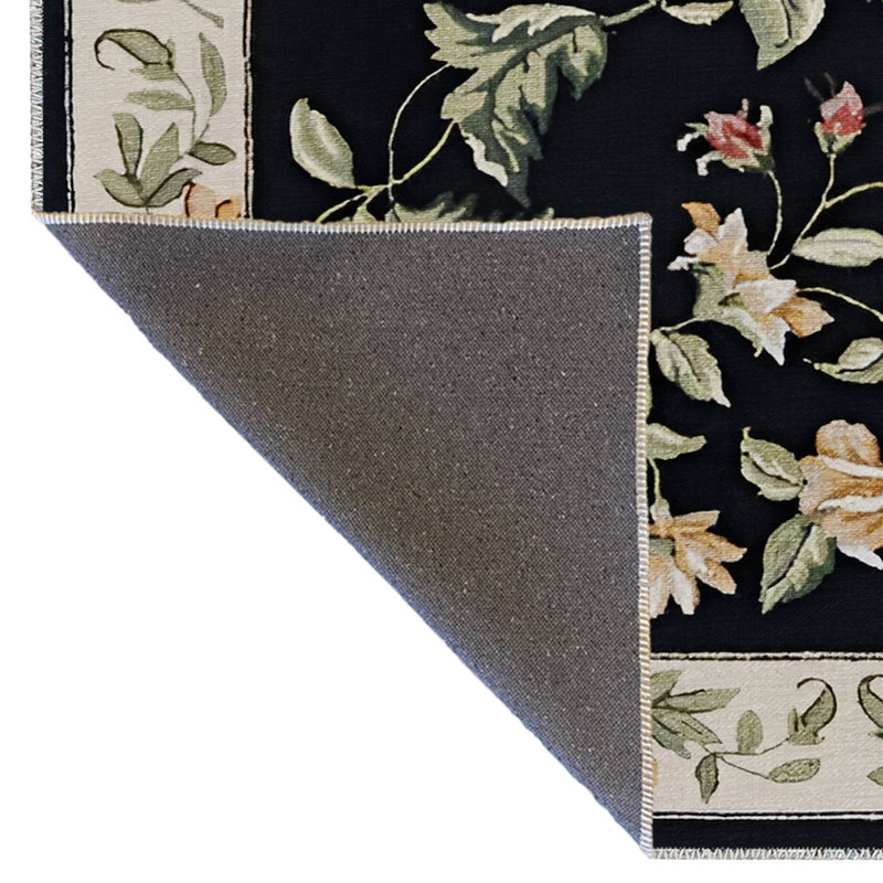 Tapis noir et beige multicolore à motif floral rose, Rectangle 4 pi 11,06 po x 7 pi 6,55 po