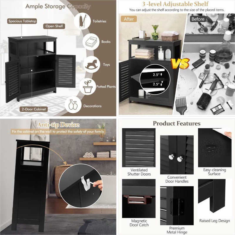 Armoire de rangement autoportante avec portes à persiennes, tablette réglable et sécurité anti-basculement, organisateur de plancher polyvalent pour la salle de bain, le salon, la cuisine et le vestibule