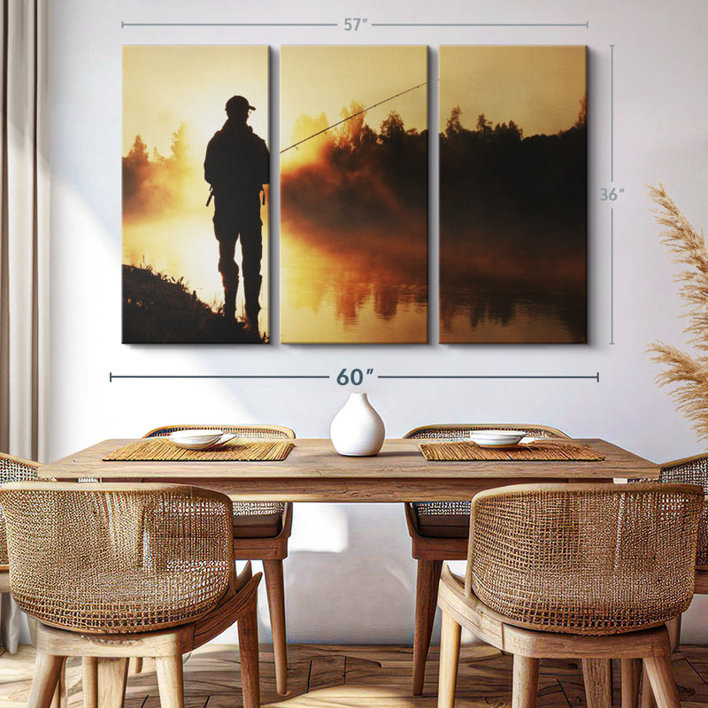 «Foggy Riverbank Fishing», 3 pièces sur toile, H 36 po x l 57 po x P 1,25 po