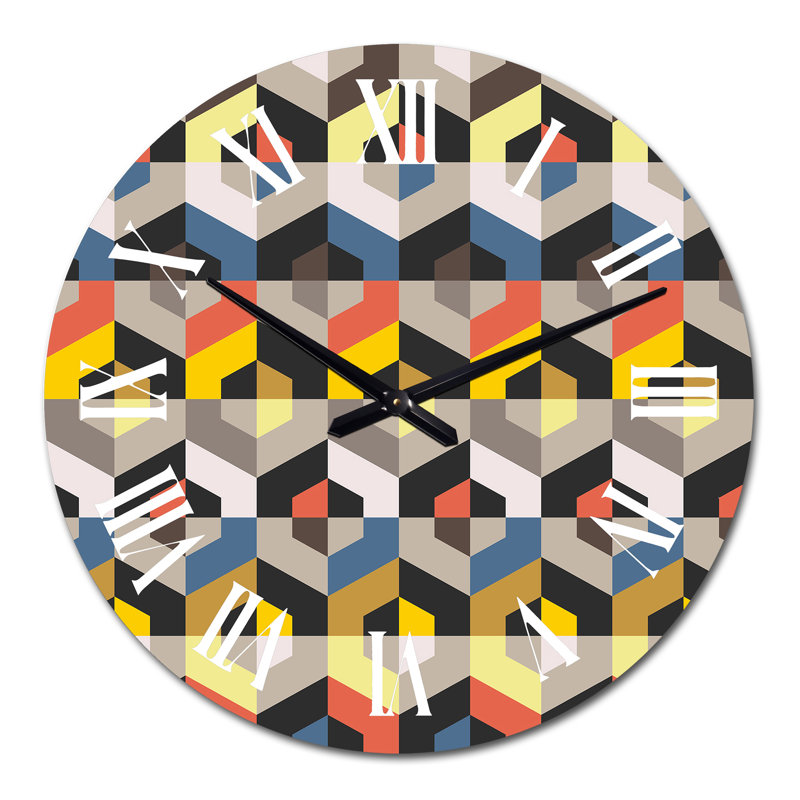 Jaune, bleu, orange et géométrie - Horloge murale à motifs, Grand