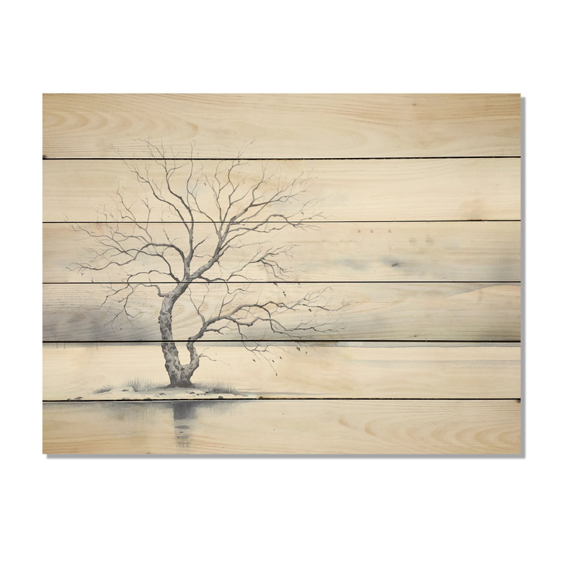 Winters Tree Minimalisme I - Art mural en bois sur bois de pin naturel, H 30 po x l 40 po