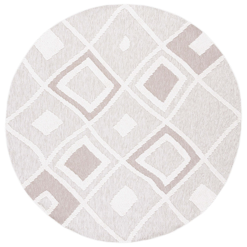 Tapis gris tissé à la machine à motif géométrique, Rond 6 pi 7 po