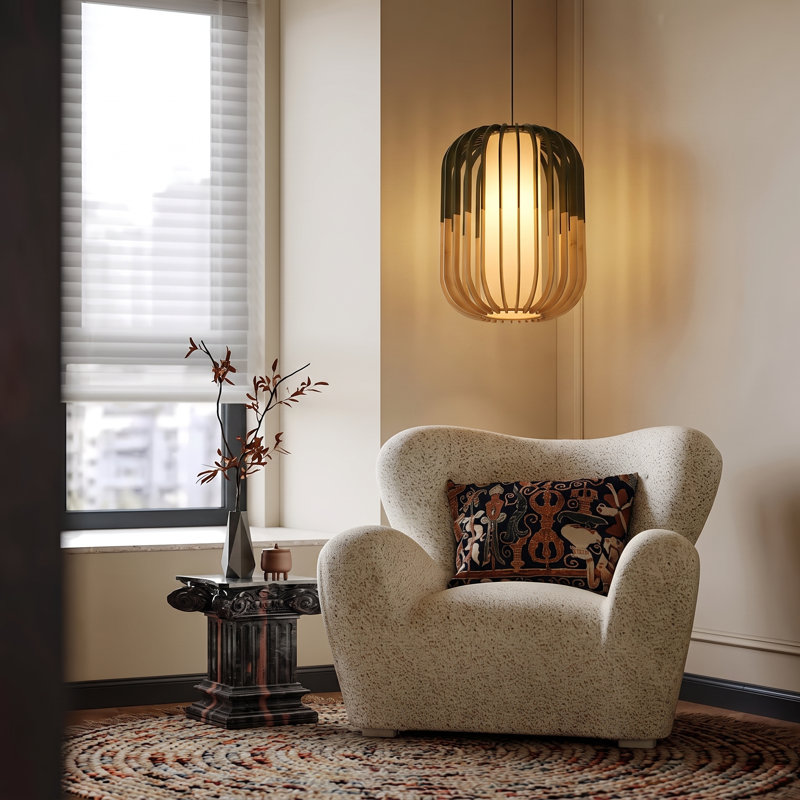 1-Light Cylinder Wooden Hanging Light Fixture