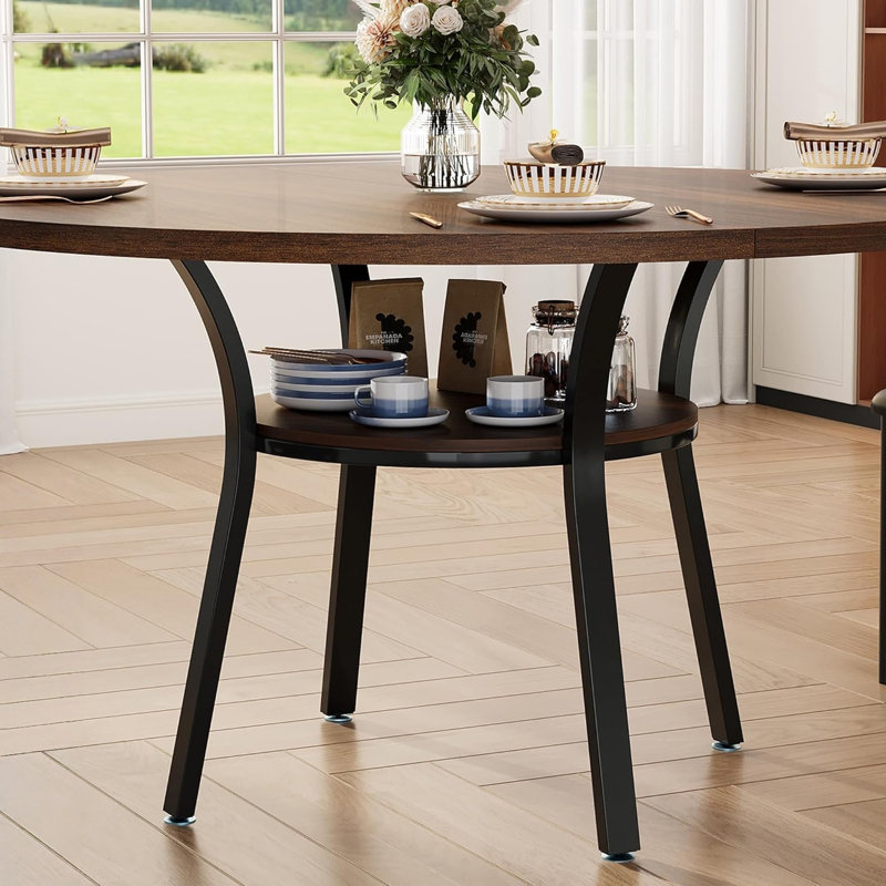 Round Metal Base Dining Table, Espresso Wood