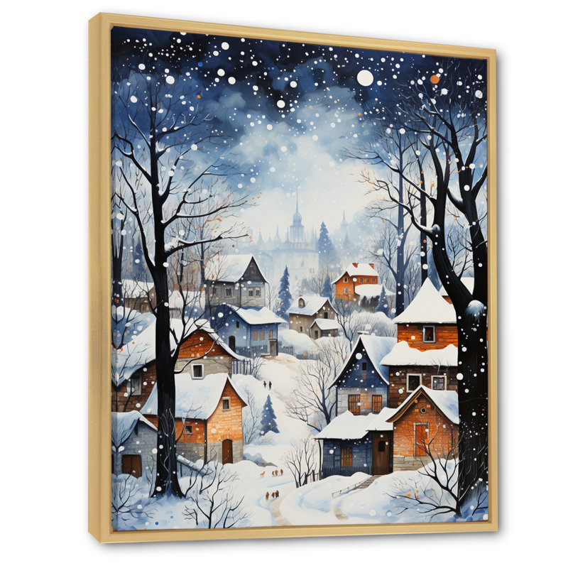 Harmony of Winter Village IV - Décoration murale paysage d'hiver, Cadre flottant en érable, H 32 po x l 16 po x P 1 po