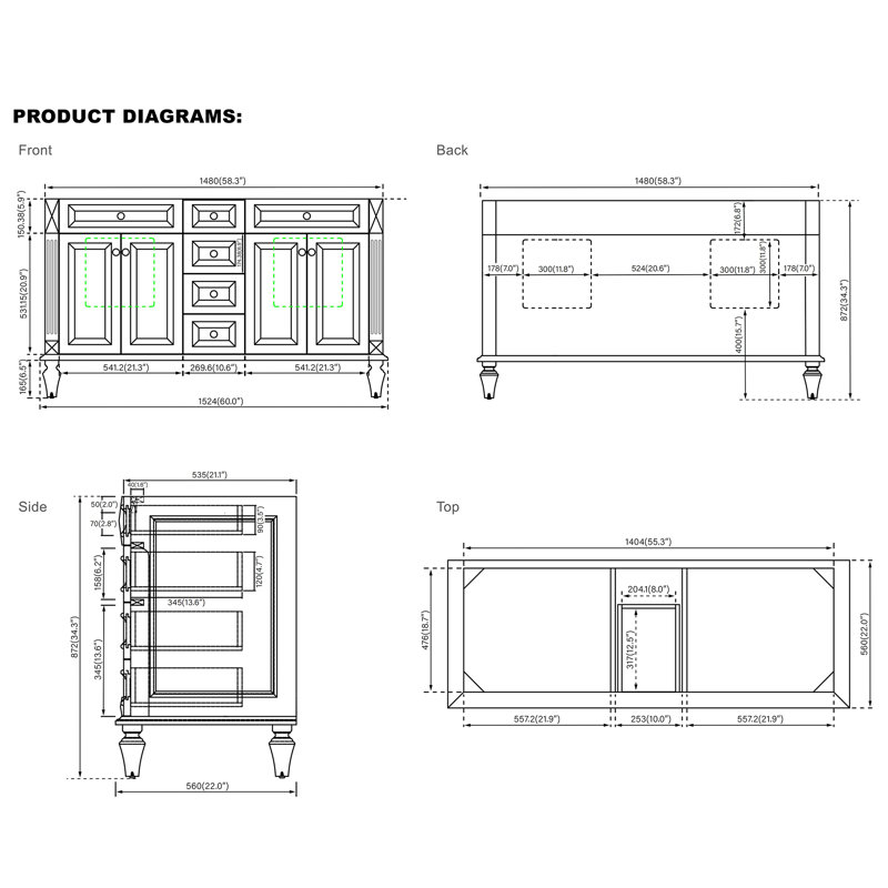 Elmmanual  35'' H X 60" W Solid Wood Bath Vanity with Stain-resistant Carrera White Quartz Top and Double Sink, Titainum Gray