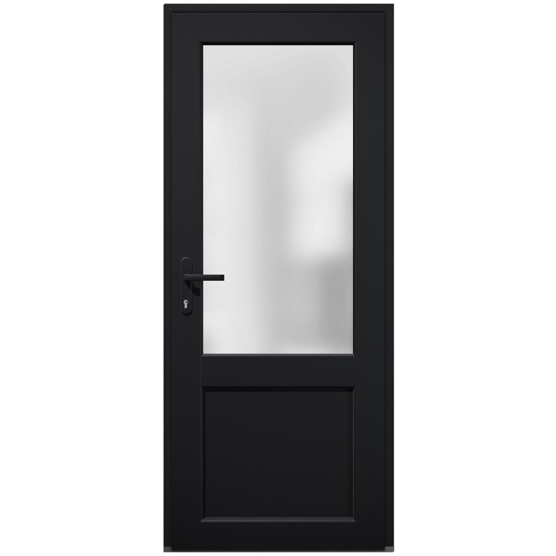 Porte d'entrée extérieure prémontée en fibre de verre, verre dépoli, Manux 8422, noir mat, pour bureaux, commerces et habitations. Porte d'entrée, patio, garage - L 91,4 cm x H 203,2 cm - Ouverture à droite vers l'intérieur.