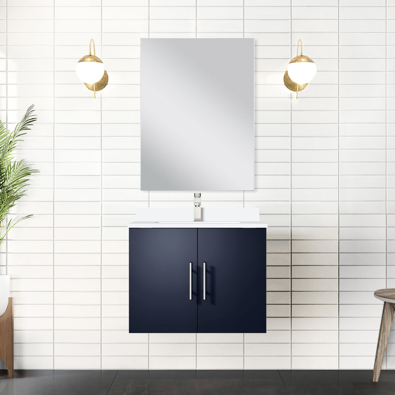 22 po D Meuble-lavabo bleu marine - 24 W, comptoir en quartz blanc, miroir, largeur de la structure de la salle de bain, quartz, compartiment spacieux