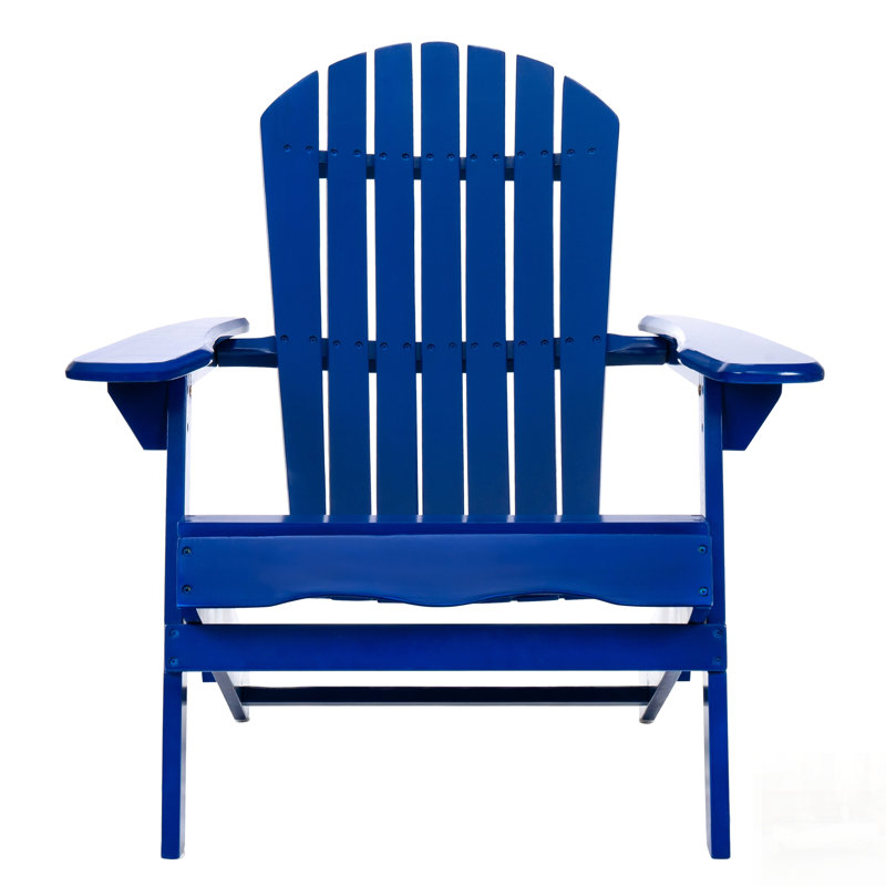 Folding Adirondack Chair For Outdoor Relaxation, Wooden Patio Furniture With Slatted Back And Wide Armrests, Blue