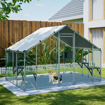 Cage à chat d'extérieur en métal extra robuste de 3 x 2 m - plateforme en bois massif de bricolage, double verrou de sécurité et stabilité accrue, utilisation multi-animaux, bâche imperméable incluse