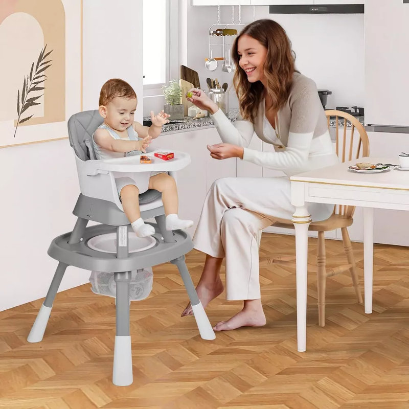 Foldable High Chair for Babies & Toddlers, Adjustable Height, Recline, Storage Basket, Double Trays, Easy to Clean, Gray