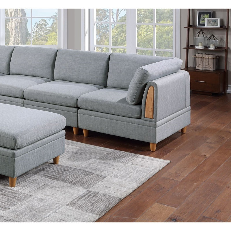 Contemporary Living Room Furniture 6Pc Modular Corner Sectional Set Dorris Fabric Couch 2X Wedges 3X Armless Chair And 1X Ottoman