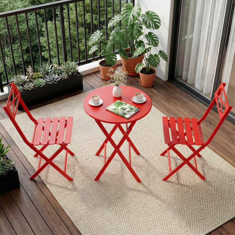 Ensemble bistro pliant peu encombrant - Mobilier de patio en fer 3 pièces avec 2 chaises et table pliantes - pour le jardin, le balcon ou la pelouse - Couleur: rouge