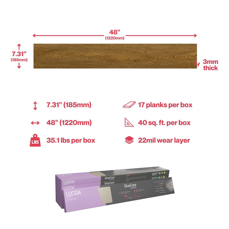 Planche de vinyle de luxe 7,25 po x 48 po x 2,5 mm Gluecore, Bois
