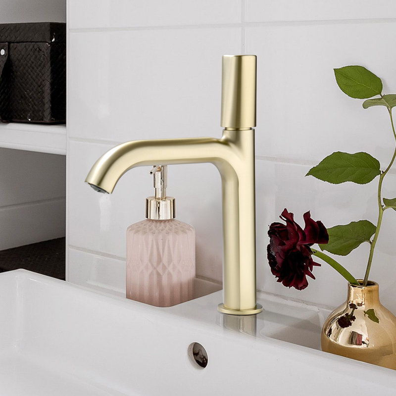 10.85"H Solid Brass Single Handle Bathroom Sink Faucet, Brushed Gold