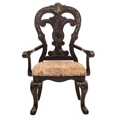 2 Traditional Armchairs, Cherry With Gold Decorations, Fabric Seat, 250Lb Weight Capacity, 19.5" Seat Depth For Dining 2 Armchairs Dining, Cherry Finish & Tipping, 44" Height, Design
