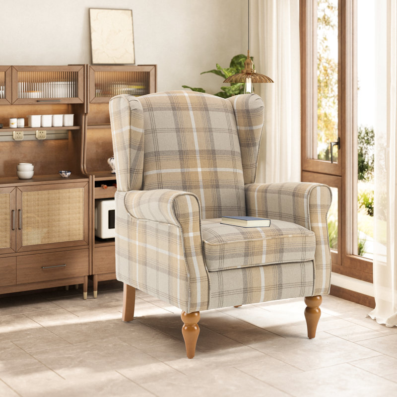 Solid Wood Upholstered Relaxation Armchair, Linen Wingback Chair for Living Room, Bedroom, Brown