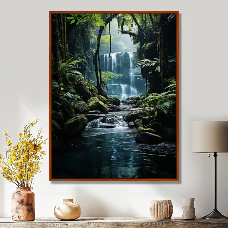 «Waterfall Hidden Oasis I», art mural sur toile, H 20 po x l 12 po x P 1 po, Cadre flottant brun