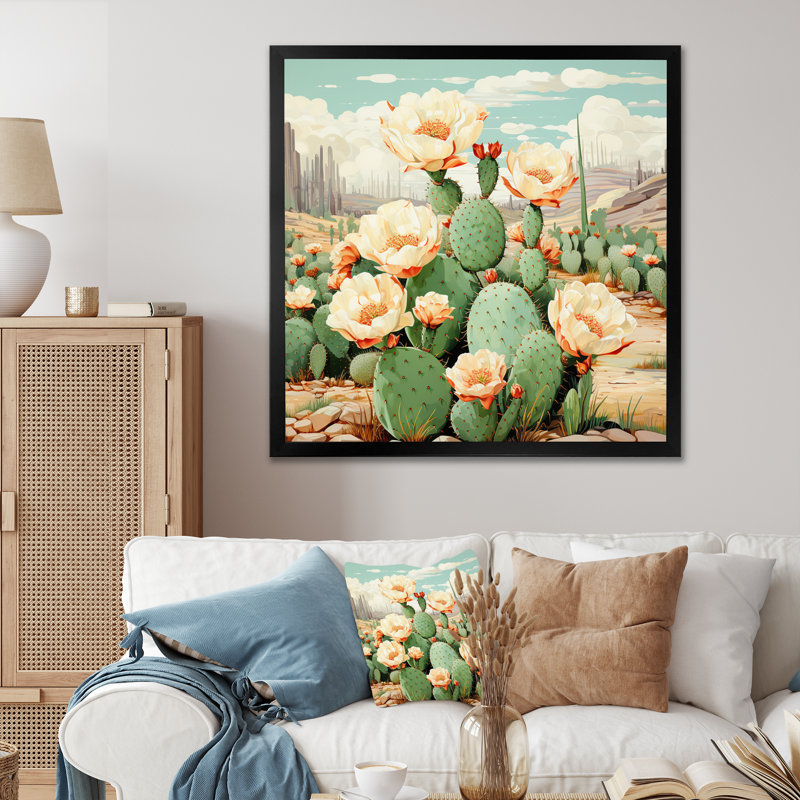 Cactus vert corail, désert, pointillisme IV - art mural grand cactus, H 30 po x l 30 po x P 1 po, Cadre simple noir