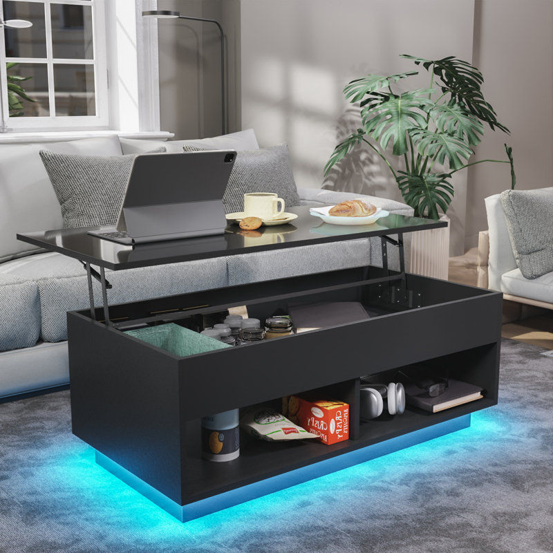 Chappa Lift Top Coffee Table with RGB LED Light Strip, Hidden Compartment & Open Shelf, Black