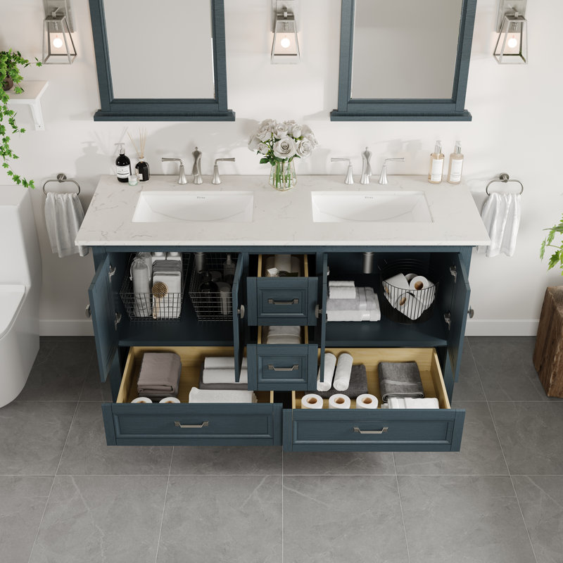 Ensemble de meuble-lavabo simple 28 po Alberthe, Bleu cendré, Quartz - blanc de Carrare