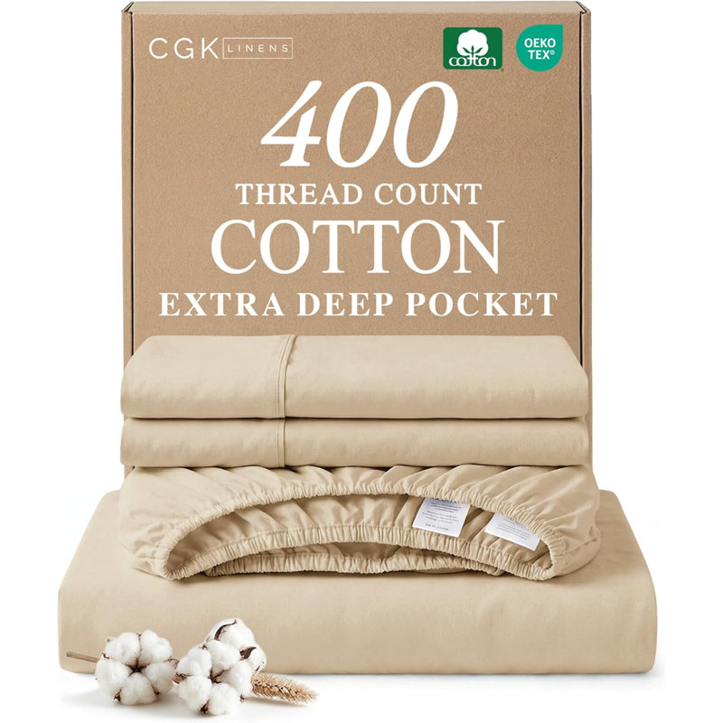4 Piece 400 Thread Count Cotton Sheet Set – Extra Deep Pocket, Cooling, Breathable & Soft Bedding, Cream