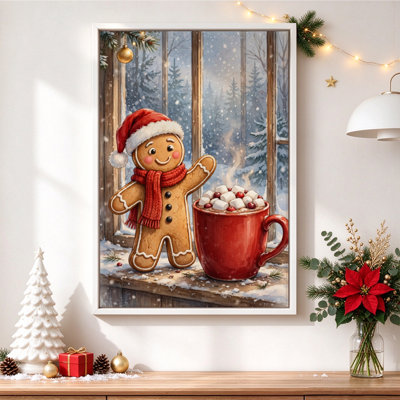 Bonhomme en pain d'épices avec chocolat chaud, tableau sur toile encadré, cadre blanc, 50 x 75 cm