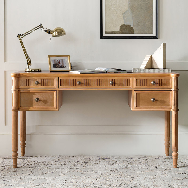 Hoai 55''W Transitional Fluted Simple Assembly Desk with Charging Station and Cable Management, Teak
