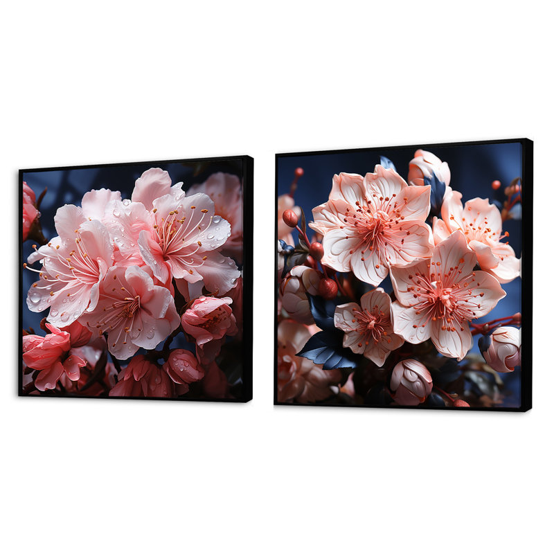 Les fleurs de rhododendron sont intégrées dans l'essence - ensemble de 2 collages rhododendrons carrés, Cadre flottant noir