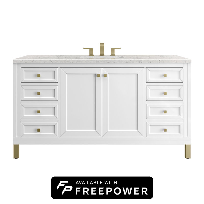 Chicago 60"W Single Vanity W/ Freepower Wireless Charger, Eternal Jasmine Pearl, Glossy White